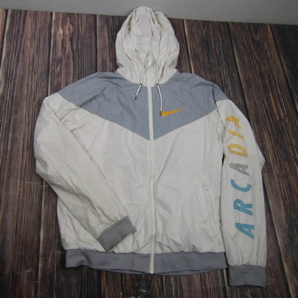 Nike Windbreaker Jacket Mens Medium White Arcadia Graphic Windrunner Hooded Zip